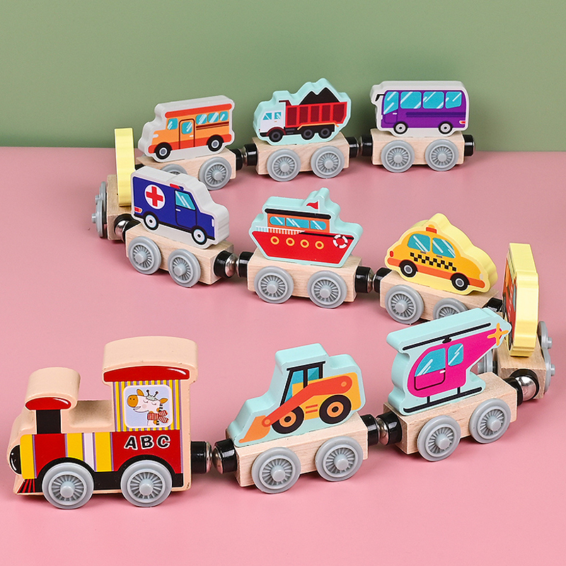 Wooden Blocks Stacking - Magnetic Wooden Small Train Toys Children